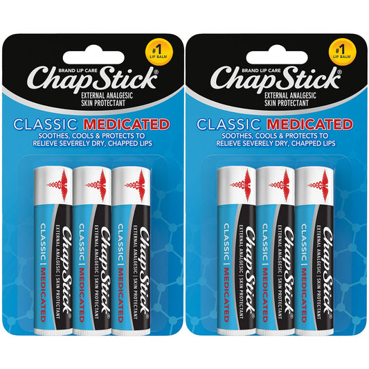 ChapStick Classic Medicated 3-Pack (2 Sets/6 Tubes) - Moisturizing Lip Balm, Dry Lips & Cold Sore Pain Relief Bundle, 0.15 Oz Ea