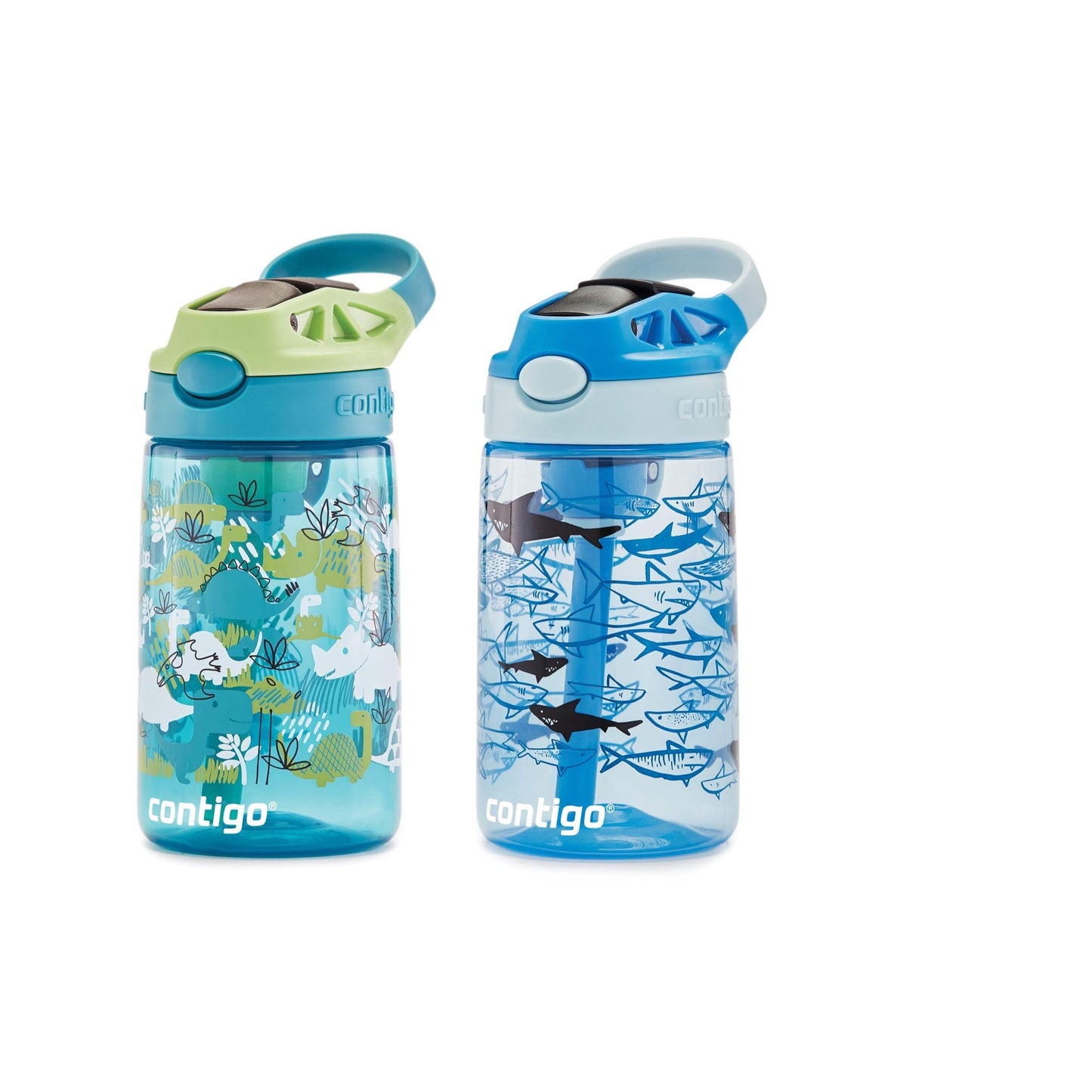 Contigo Aubrey Kids Water Bottle, 2-Pack, 14oz, Dinos & Sharks, Spill-Proof Lid, Dishwasher Safe, Blue & Green