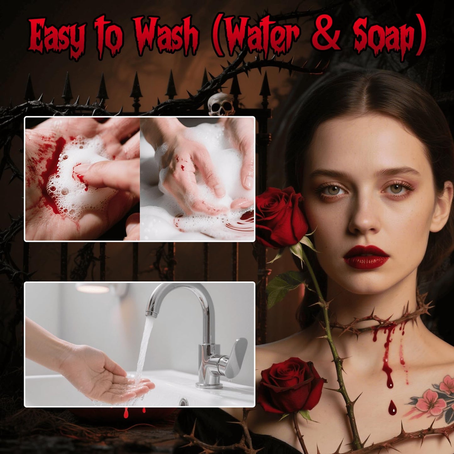 Vampire Blood Fake Blood Kit - Coagulated Gel, Spray & Dripping Liquid for Realistic Vampire Zombie SFX Makeup, Skin-Safe Washable Special Effects