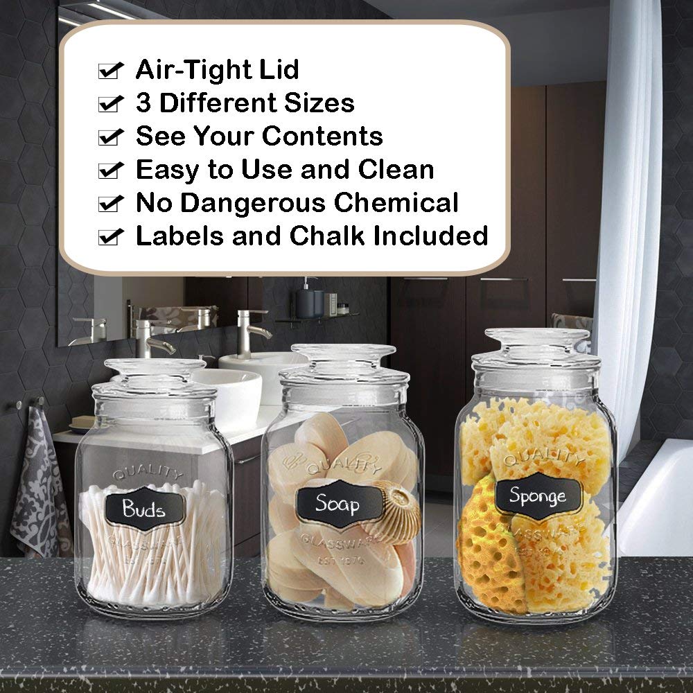 Glass Canister Set for Kitchen or Bathroom with Airtight Lid and Chalkboard Labels, Apothecary Glass Food Storage Jars,Set of 3 Cookie Jars, Candy…