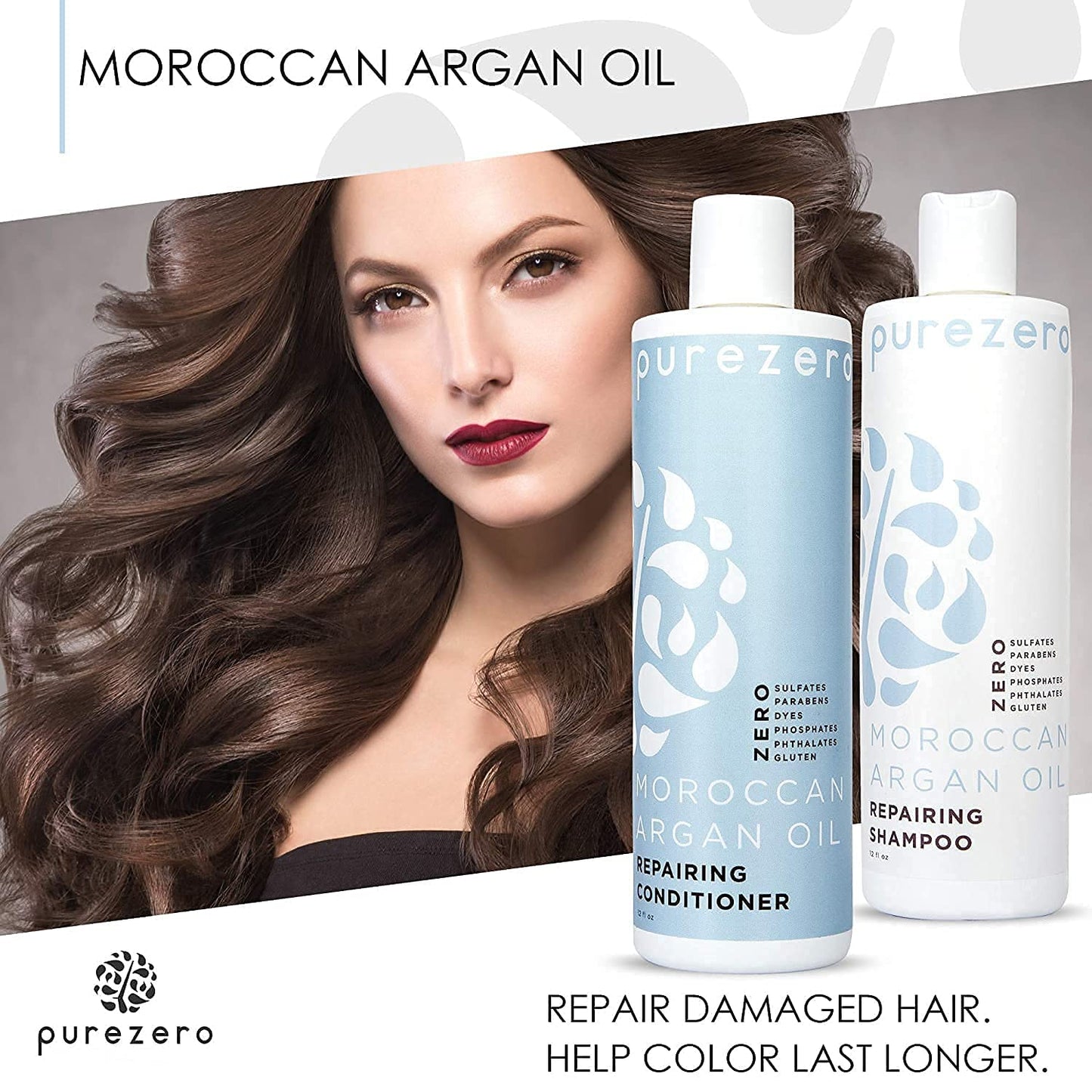Purezero Moroccan Argan Oil Shampoo & Conditioner set - Repair Damaged Hair - Fight Dandruff & Frizz - Zero Sulfates, Parabens, Dyes, Gluten - Vegan
