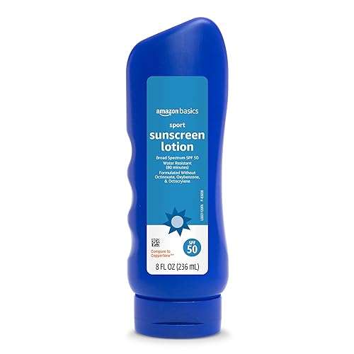Amazon Basics Sport Sunscreen Lotion SPF 50, Water Resistant (80min), Formulated without Octinoxate & Oxybenzone, Broad Spectrum UVA/UVB Protection, 8