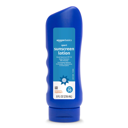 Amazon Basics Sport Sunscreen Lotion SPF 50, Water Resistant (80min), Formulated without Octinoxate & Oxybenzone, Broad Spectrum UVA/UVB Protection, 8