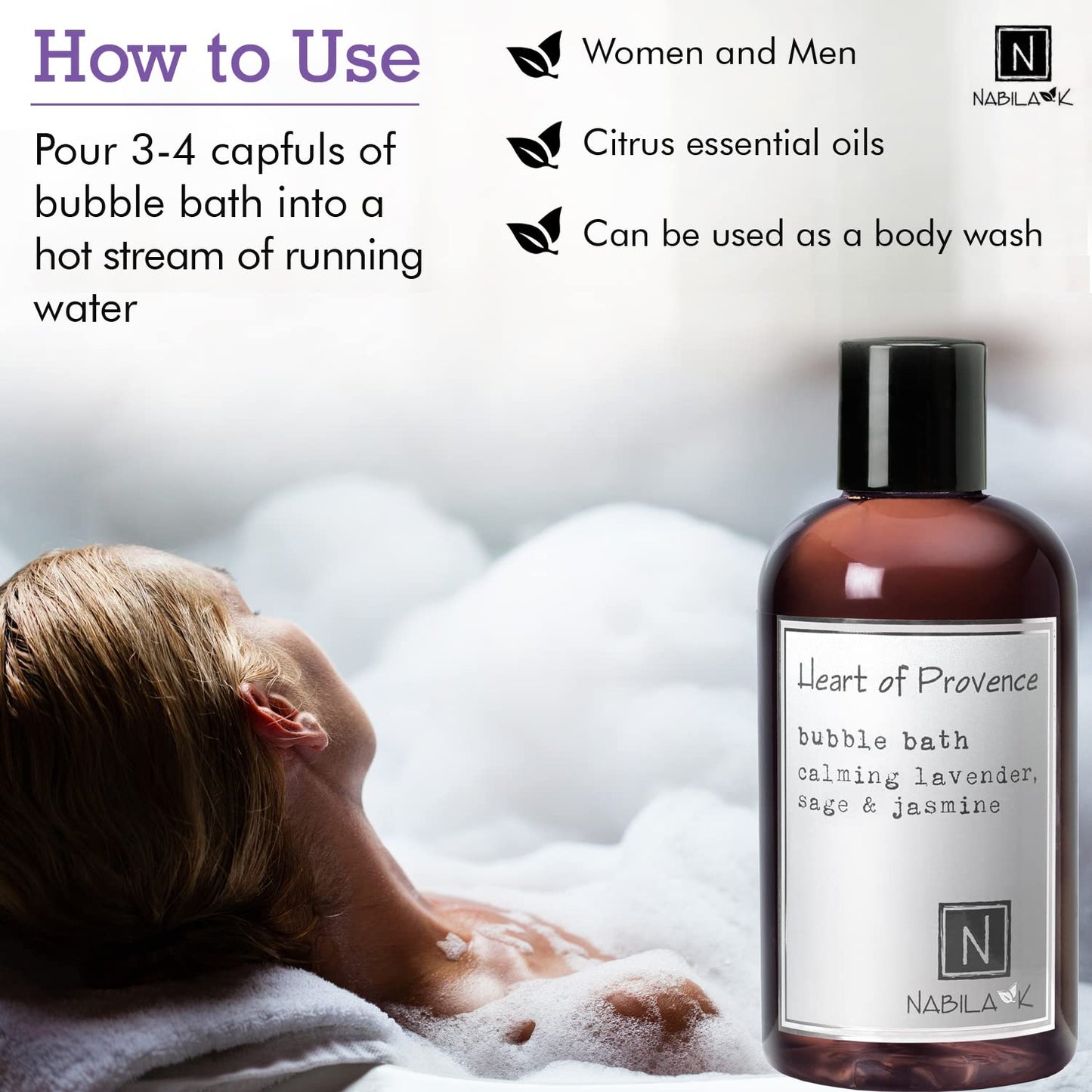 Nabila K Heart of Provence Travel Size Bubble Bath with Lavender, Sage & Jasmine - Natural & Organic, Sulfate-Free, Tear-Free - Aromatherapy Bath Soak Beauty and Personal Care Nabila K