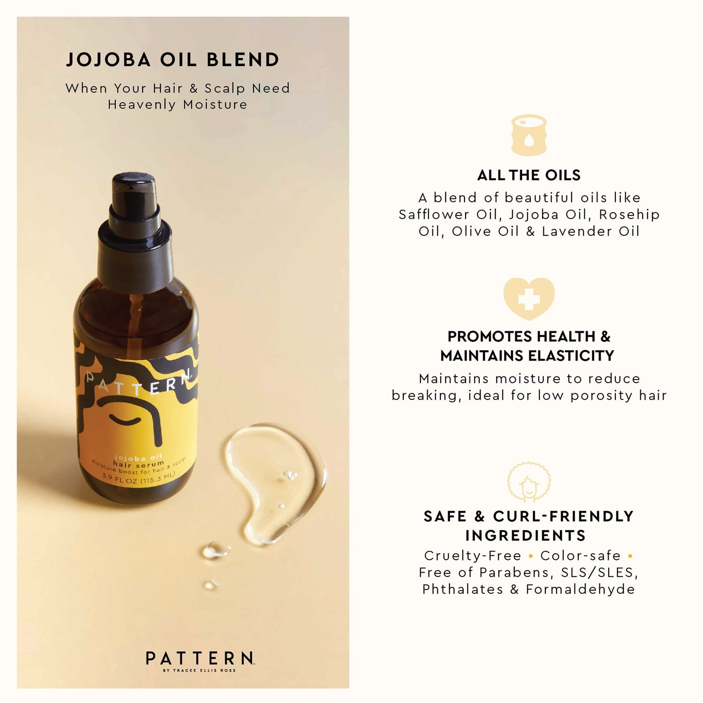PATTERN Beauty by Tracee Ellis Ross Jojoba Hair Serum, 3.9 Fl Oz, Safflower, Jojoba, Rosehip, Olive & Lavender Oils, Lightweight Moisture Boost