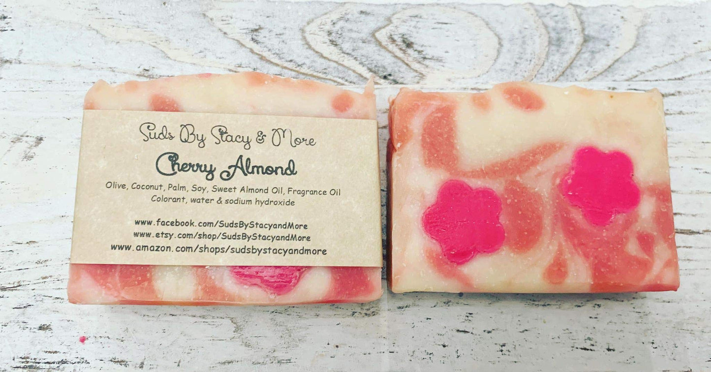 Suds By Stacy and More Cherry Almond Homemade Soap Bar (One 4 oz bar) cold processed with fragrance oils
