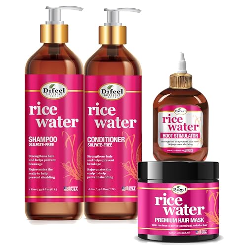 Difeel Rice Water Hair Care 4PC Shampoo & Conditioner Deep Treatment Set - Includes 33.8oz Shampoo, 33.8oz Conditioner, 12oz Hair Mask, 7.1oz Root