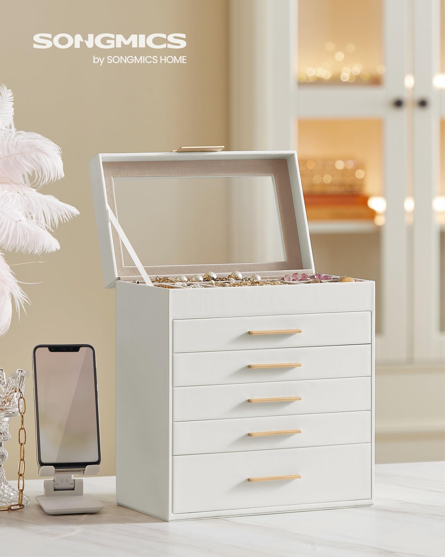 SONGMICS Jewelry Box Organizer with Glass Lid, 6-Layer Jewelry Storage, with 5 Drawers, Modern Style, 6.4 x 9.9 x 11.4 Inches, Cloud White and Gold…