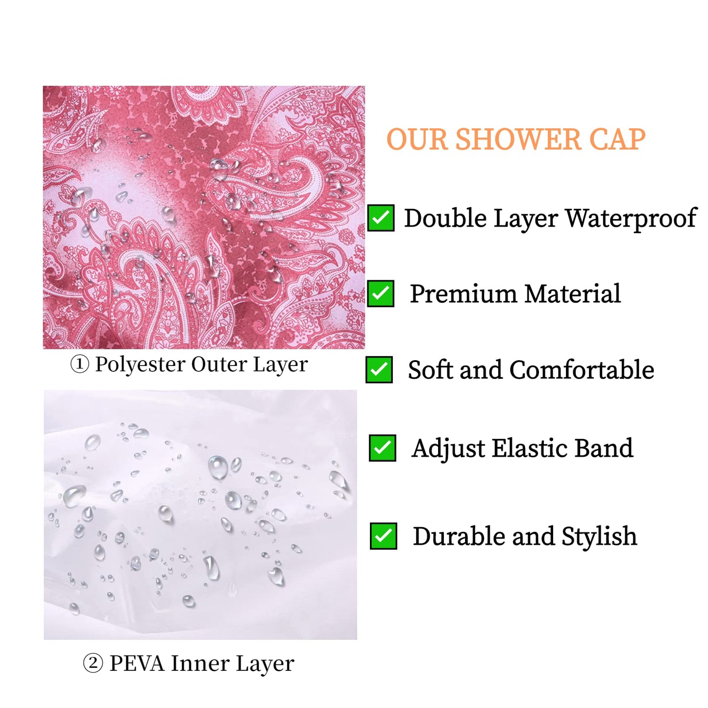 Shower Caps for Women, Extra Large Adjustable Waterproof Reusable Shower Cap, Hair Cap for Shower Hat for Women Girls Long Thick Hair, Bath Caps