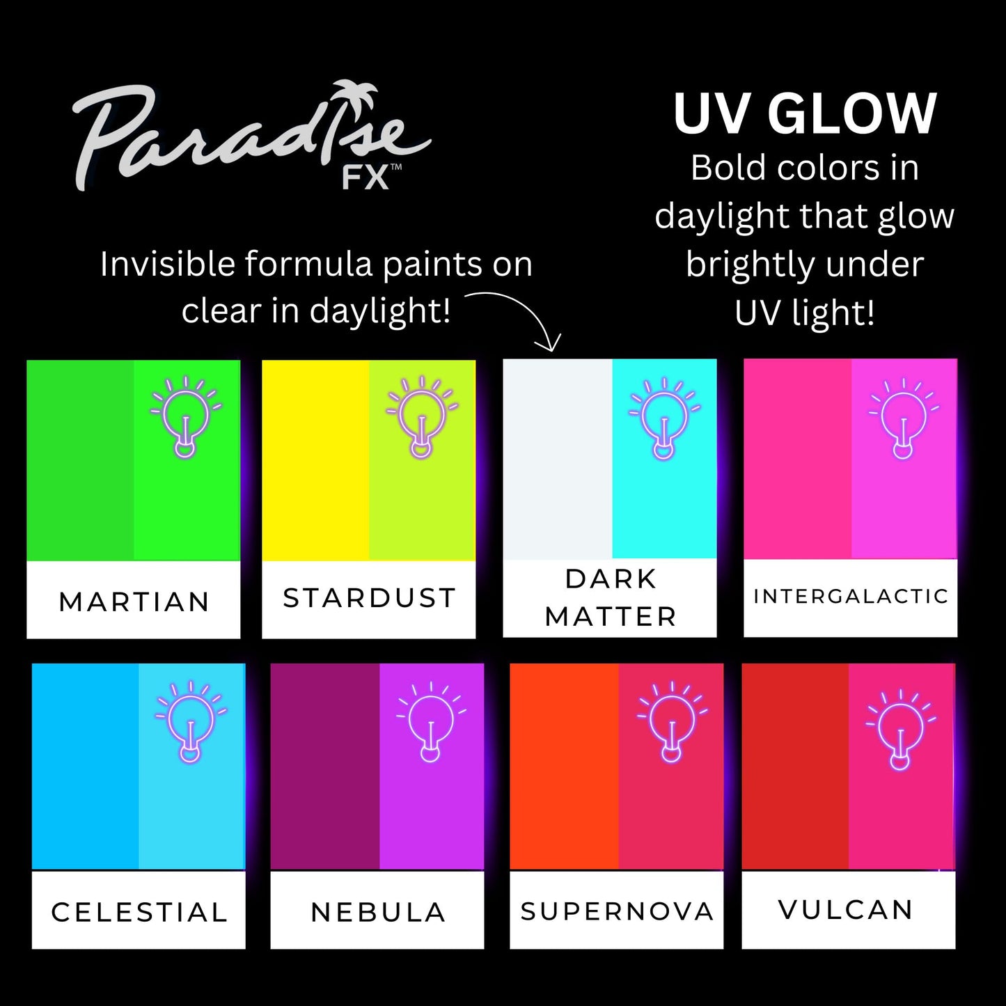 Mehron Paradise FX UV Neon Glow - Neon UV Stardust 1.4 oz | Water Activated Black Light UV Paint for Raves, Costumes, SFX, Halloween, Stage, Theater