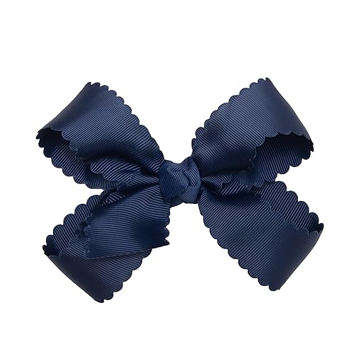HAIRBOWS Girls' Grosgrain Scalloped Edge Bow with a Knot Wrap Center on a Clip, All Ages and Hair Types, 5 Inch Bow, Navy