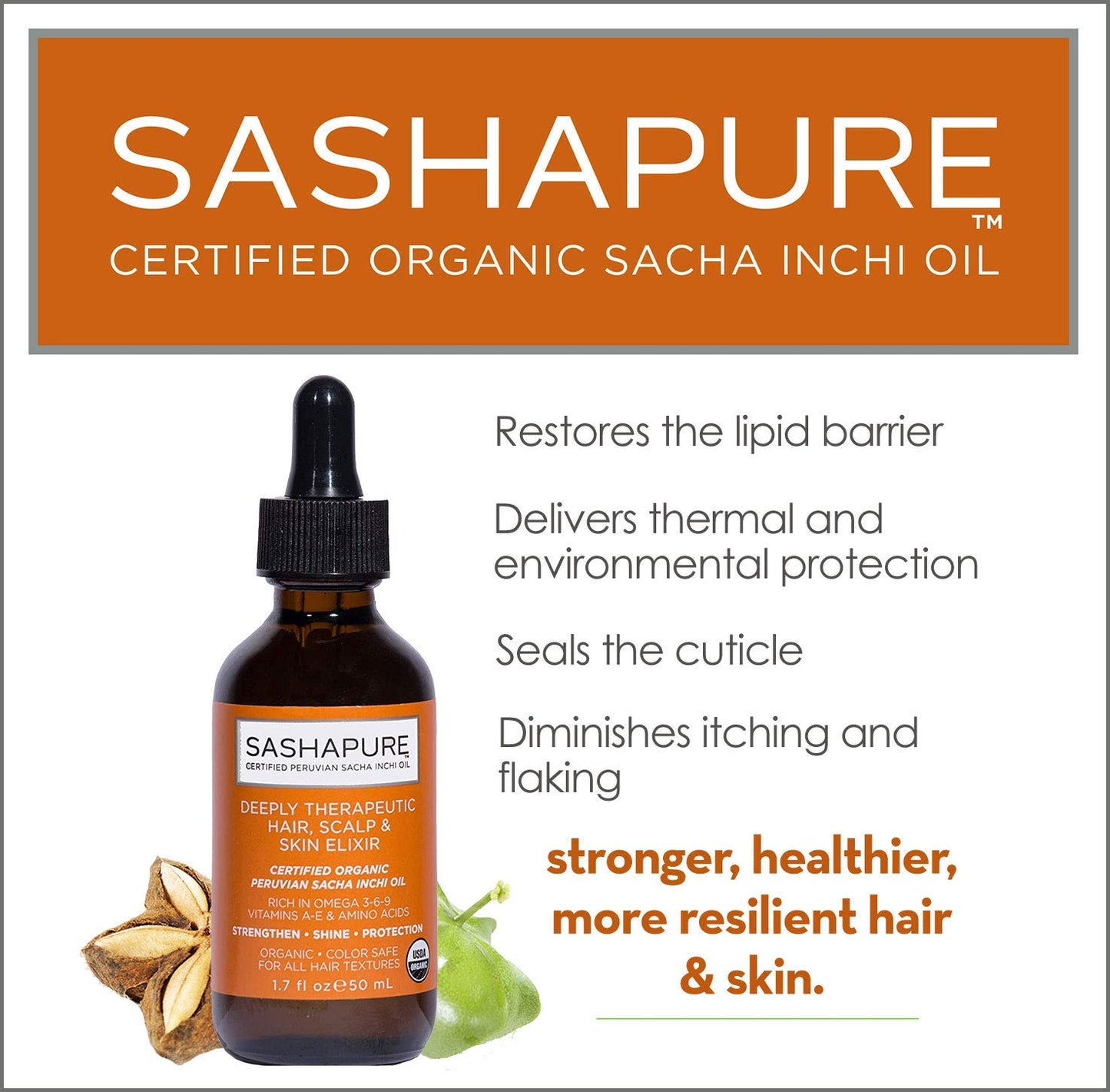SASHAPURE Deeply Therapeutic Hair Scalp & Skin Elixir, Organic Hair Serum with Sacha Inchi Oil - Strengthen, Shine, Protection, 1.7 fl.oz.