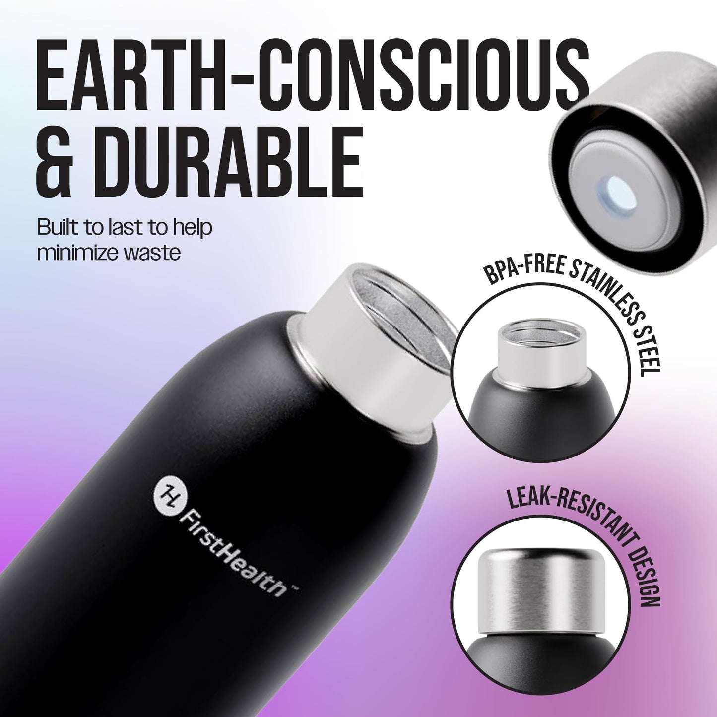 FIRSTHEALTH UV Self-Cleaning Water Bottle, 18oz Insulated Stainless Steel Tumbler with UV-C Purifier, Rechargeable Self-Sterilizing Cap, Kills 99.9%…