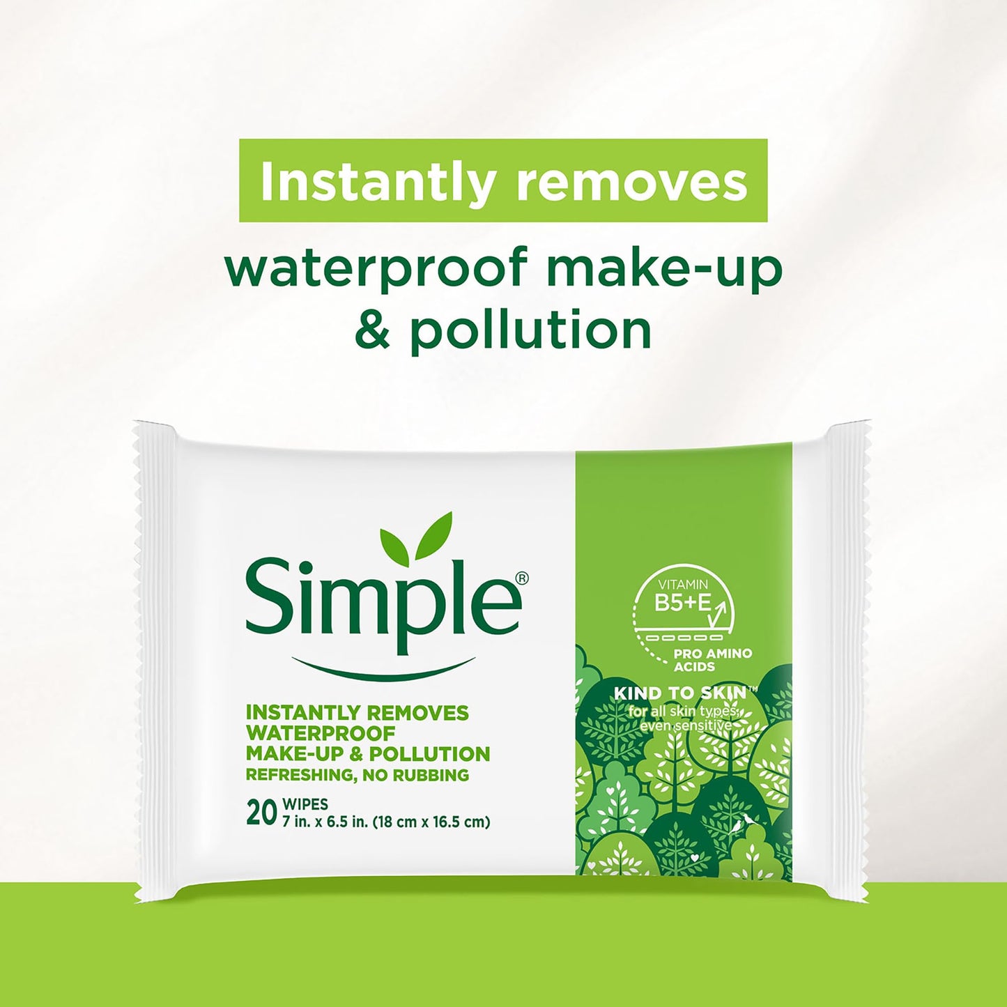 Simple Kind To Skin Micellar Makeup Remover Wipes - Face Wipes Instantly Remove Waterproof Makeup - Enriched with Vitamin B5 and E - Vegan - 20 pc