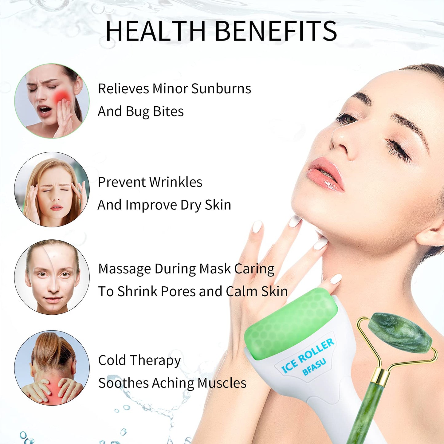 BFASU Facial Roller Set of 3, Ice Roller, Two-Sided Jade Roller and Gua Sha Massage Tool, Rolling Tool for Facial Beauty and Body Massage, Helps