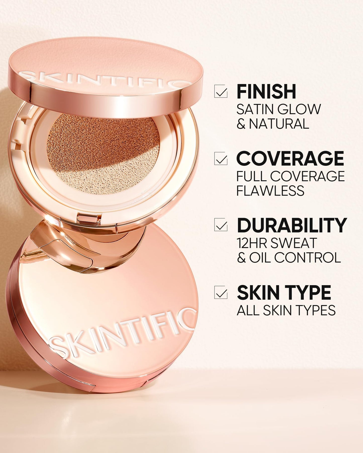 SKINTIFIC Cushion Foundation | Full coverage, Weightless, Skin fit, Satin Glow Finish, Oil-Control Waterproof Foundation, Sweatproof Flawless BB Cream