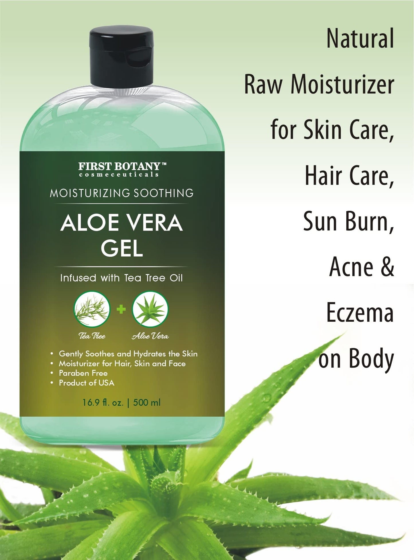 First Botany, Aloe Vera Gel from 100 Percent Pure Aloe Infused with Tea Tree Oil - Natural Raw Moisturizer for Hand Sanitizing Gel, Skin Care, Hair