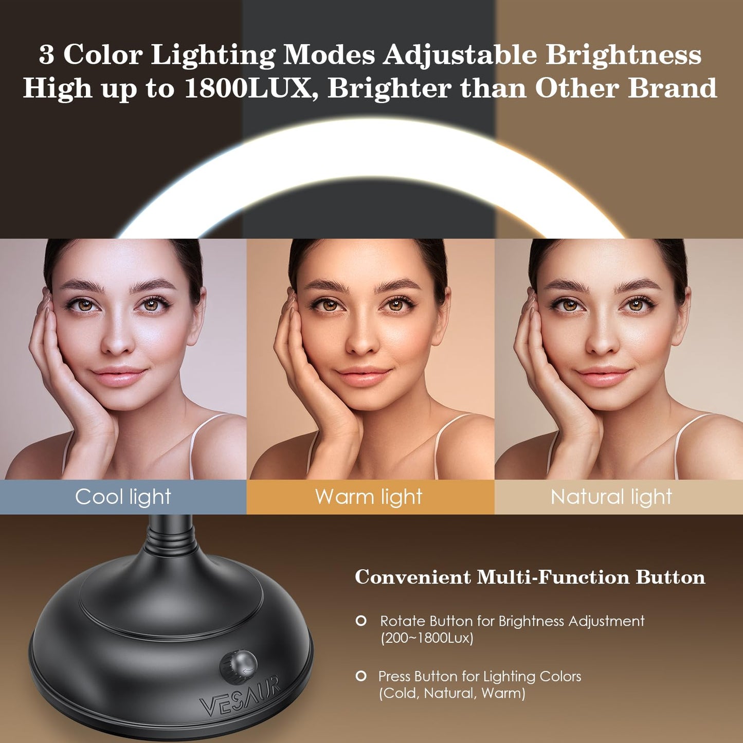 VESAUR Professional 8.5" Lighted Makeup Mirror, 1X/10X Double Sided HD Undistorted Magnifying Mirror with 3 Color 90 Dimmable LED lights, 360°