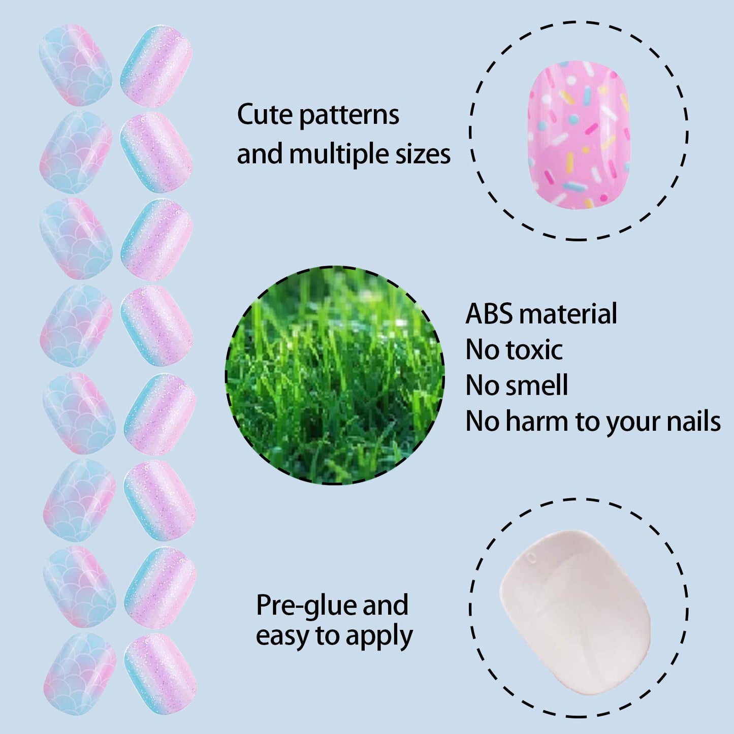 SIUSIO 120 Pcs 5 Pack Children Acrylic Fake Nails Press on Pre-glue Full Cover Glitter Gradient Color Rainbow Short False Nail Art Kits Set for Kids