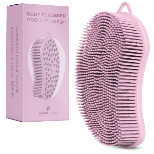 MainBasics Silicone Body Scrubber Dual-Sided Shower Loofah and Massaging Nodes (Pink, Massage)