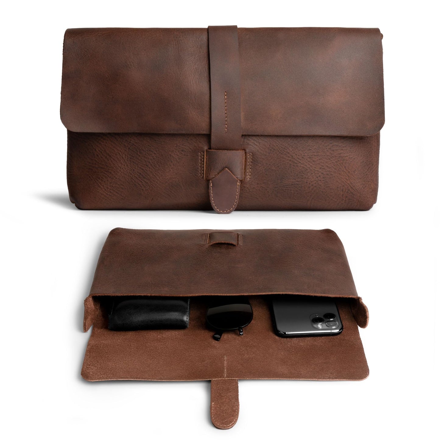 Hide & Drink, Female Clutch Bag, Vintage Handbag, Accessory Organizer, Phone Bag, Night Case, Full Grain Leather, Handmade, Bourbon Brown