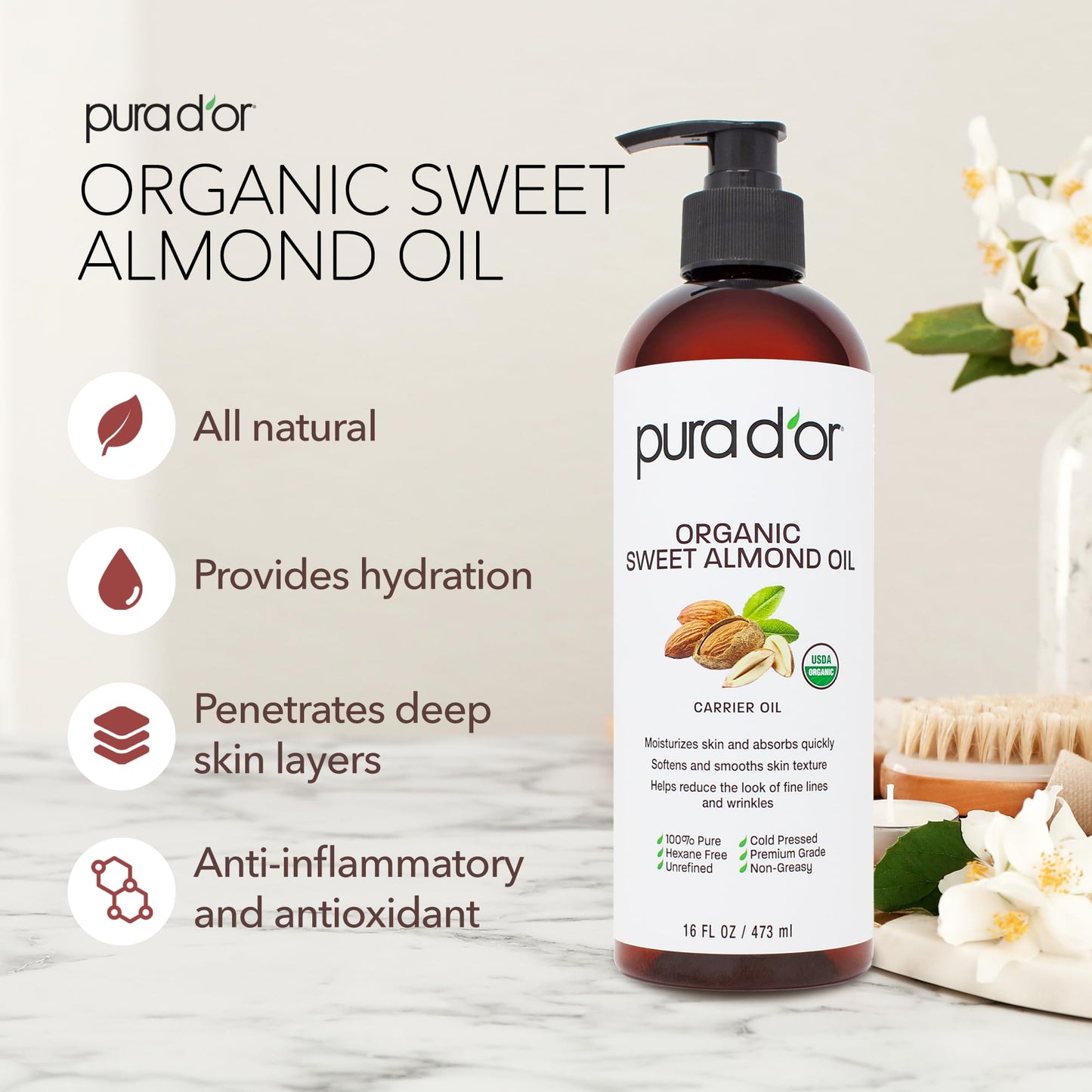 PURA D'OR ORGANIC Sweet Almond Oil, Pure Carrier Oil for Hair & Skin, 16 Oz