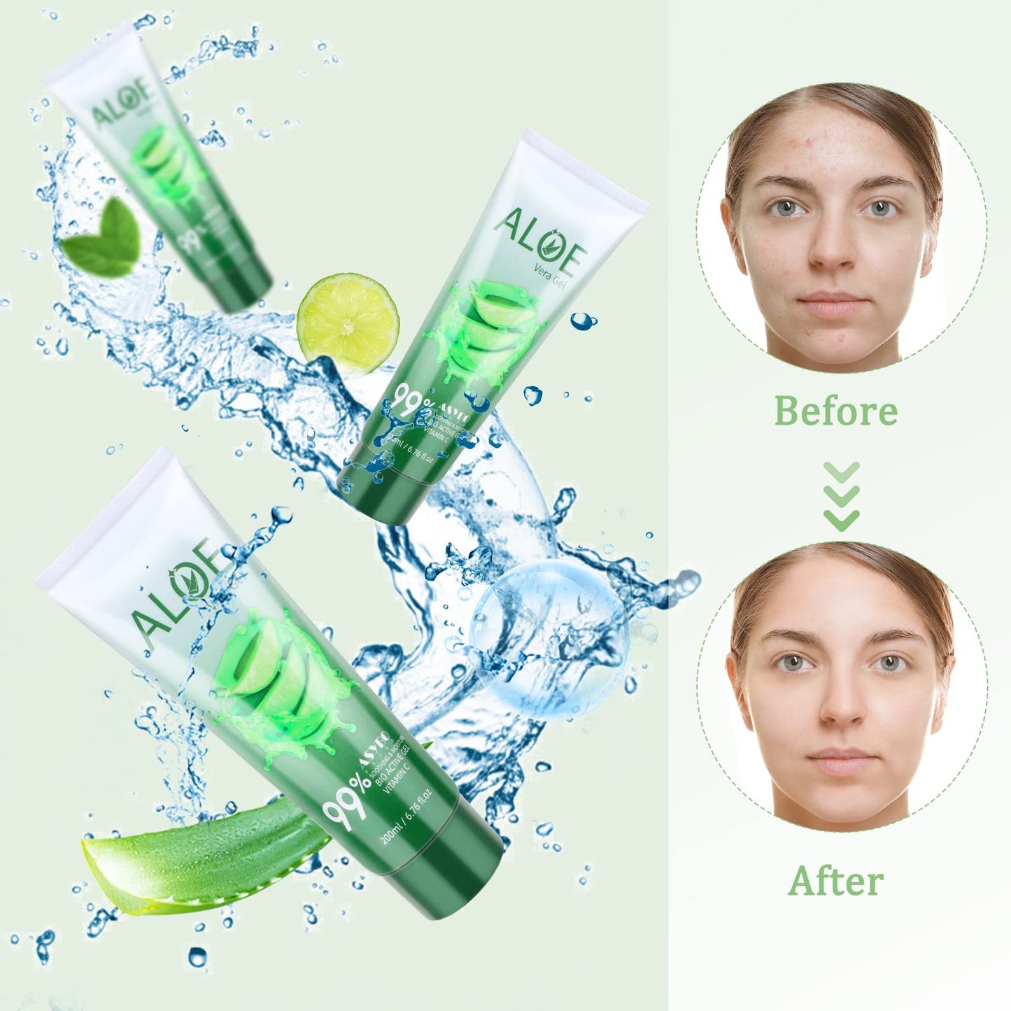 ASYBO 200x2 ML Aloe Vera Gel - 99% Organic Pure Aloe Vera Hydrating Face & Body Moisturizer, Natural Aloe Cream for Dry Skin, Sunburn, Acne, Soothing