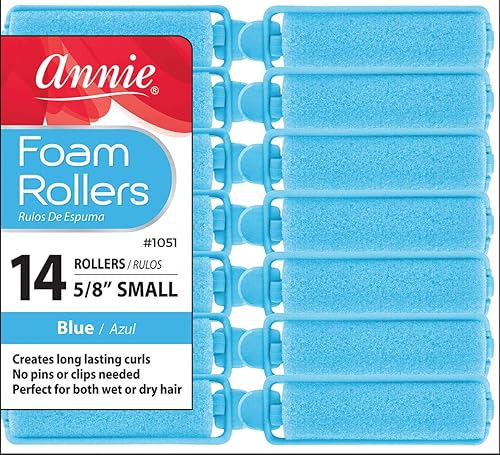 Annie Salon Style Small Foam Hair Rollers - 5/8" Blue - 14 Piece Set - Soft Heat-less Hair Curling Tools