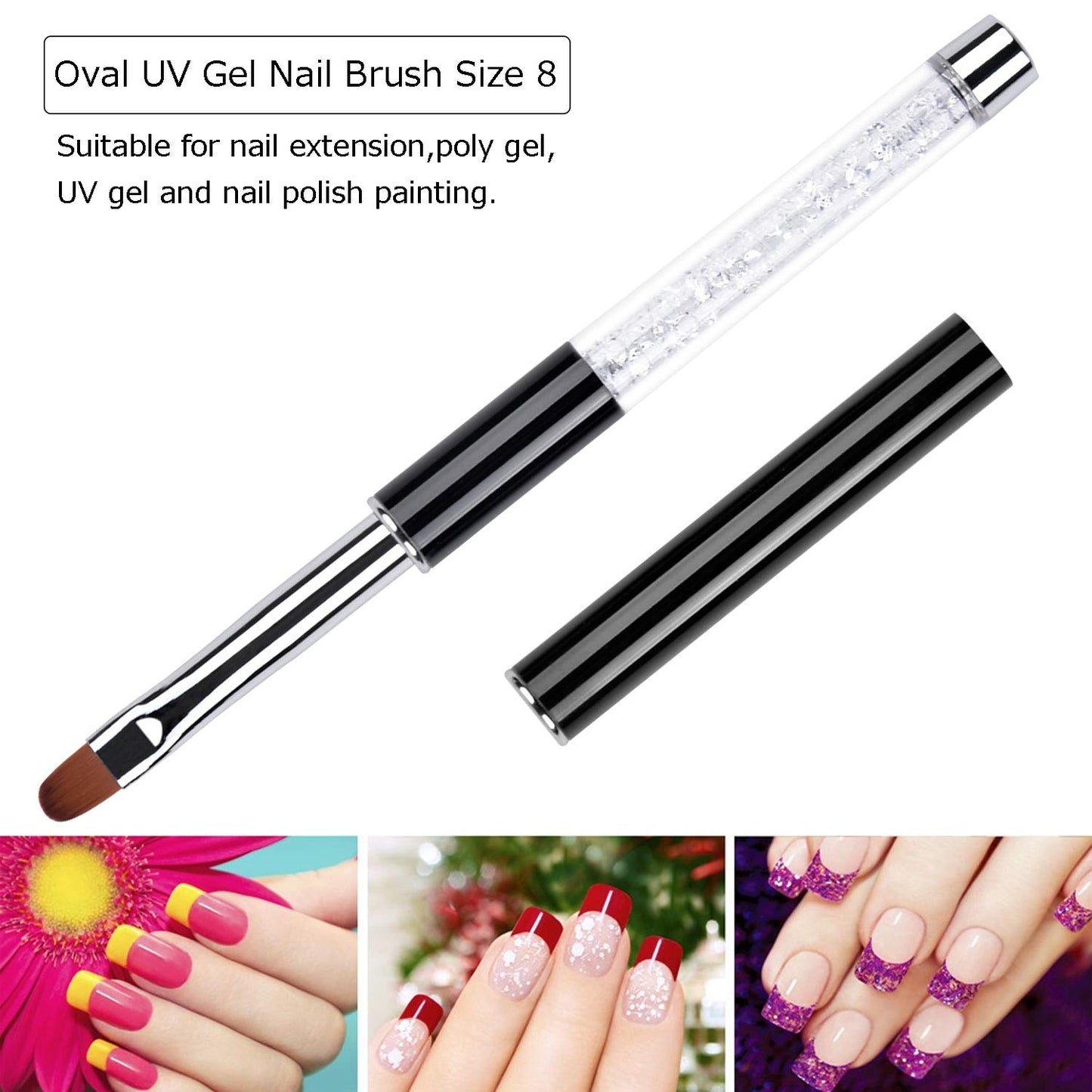 Ycyan 2Pcs Oval & Flat UV Builder Gel Nail Brush Set Rhinestone Handle Professional Nail Art Design Brushes for Polygel Hard Gel
