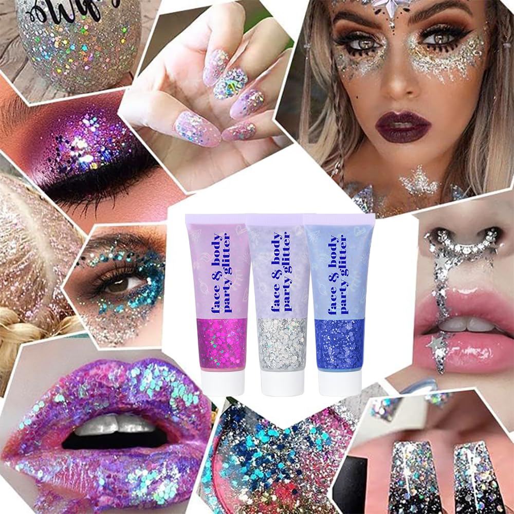 DBEAUTYM 4 Colors Body Glitter Gel, Face & Body Sparkling Holographic Gel, Long Lasting Chunky Sequins Glitters for Eye Lip Hair Nails, Festival Rave