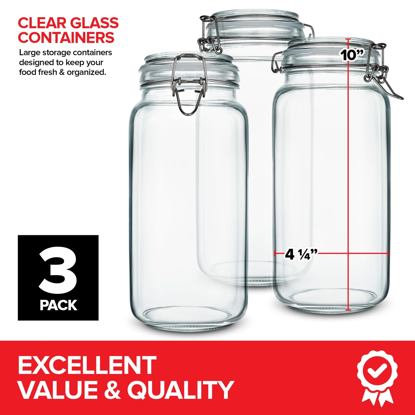Stock Your Home 78 oz Large Glass Storage Containers With Airtight Clamp Lids, Set of 3 Hinge-Top Food Storage Mason Jars for Pantries, Sealed Glass…