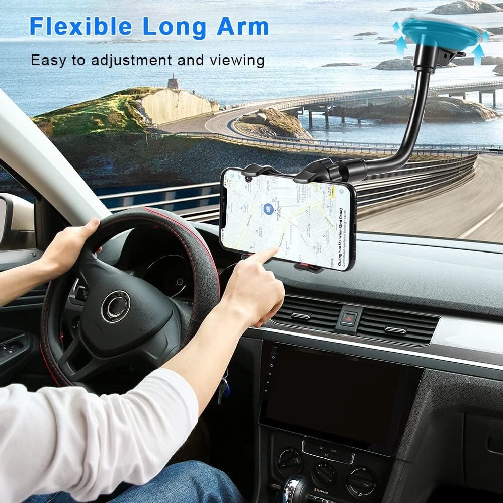 YZtree Phone Holders for Your Car: Windshield Phone Mount with Long Arm, 360° Rotation Strong Suction Cell Phone Car Mount, Anti-Shake Stabilizer…