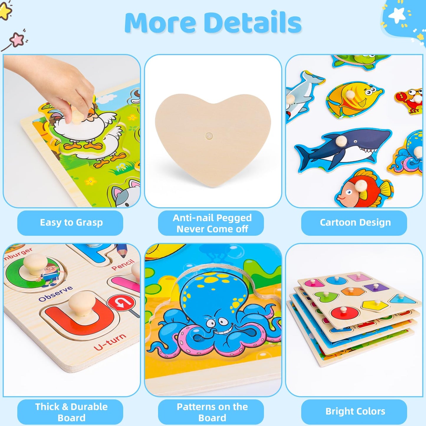 Wooden Peg Puzzles for Toddlers – 4 Pack Montessori Toys with Animals, Shapes & Alphabet, Learning Puzzles for Kids Ages 1-4 Boys & Girls