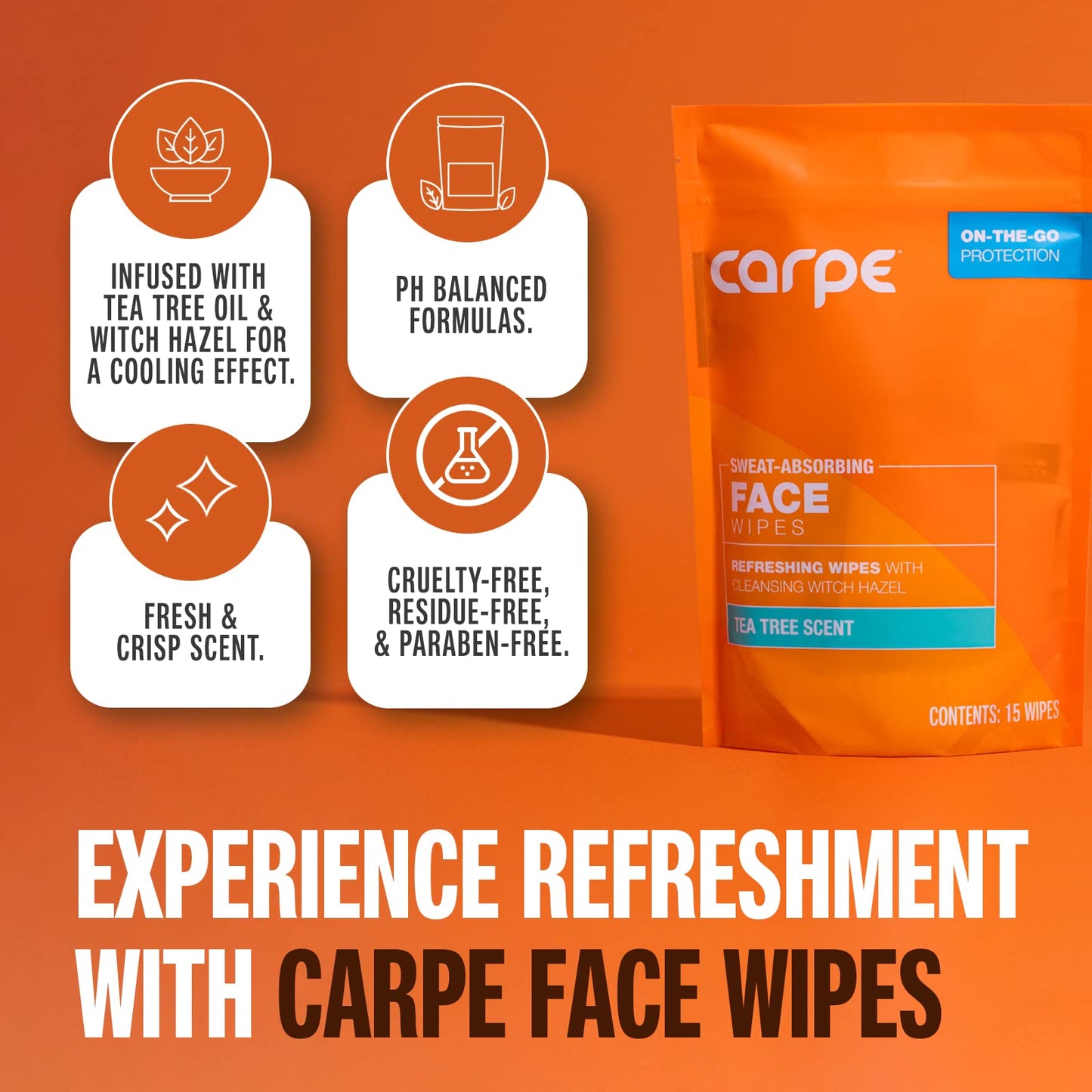 Carpe Sweat Absorbing Face Wipes (15 Facial Wipes). Witch Hazel & Tea Tree Oil Wipes Infused with Eucalyptus. Energizing, Refreshing, and Soothing