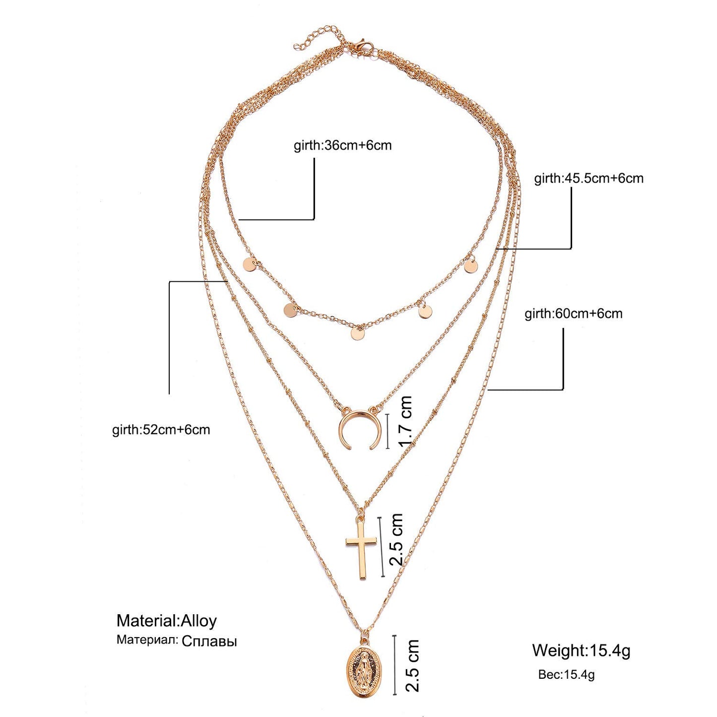 DoubleNine Boho Layered Necklace with Coin Cross Moon Crescent Saint Charm Jewelry Retro Accessories for Women Girls