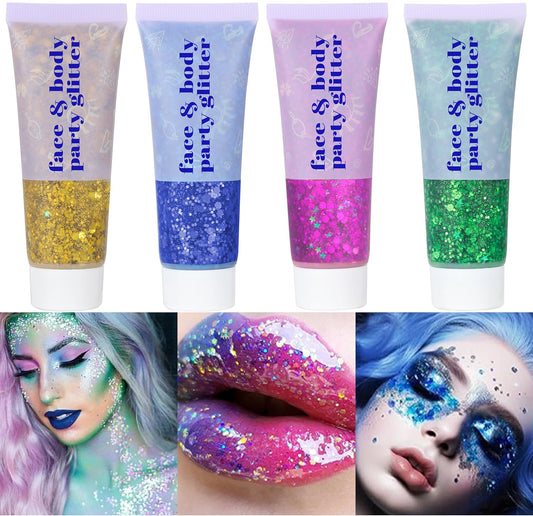 DBEAUTYM 4 Colors Body Glitter Gel, Face & Body Sparkling Holographic Gel, Long Lasting Chunky Sequins Glitters for Eye Lip Hair Nails, Festival Rave