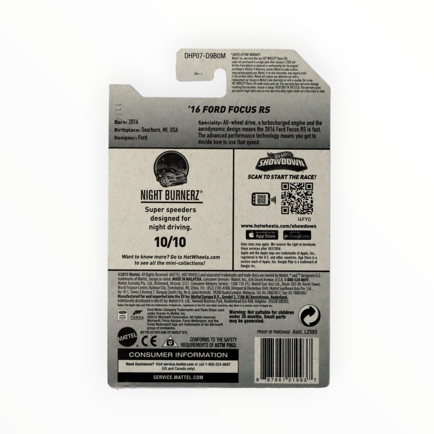 Hot Wheels 2016 Night Burnerz Forza Motorsport '16 Ford Focus RS 90/250, Blue