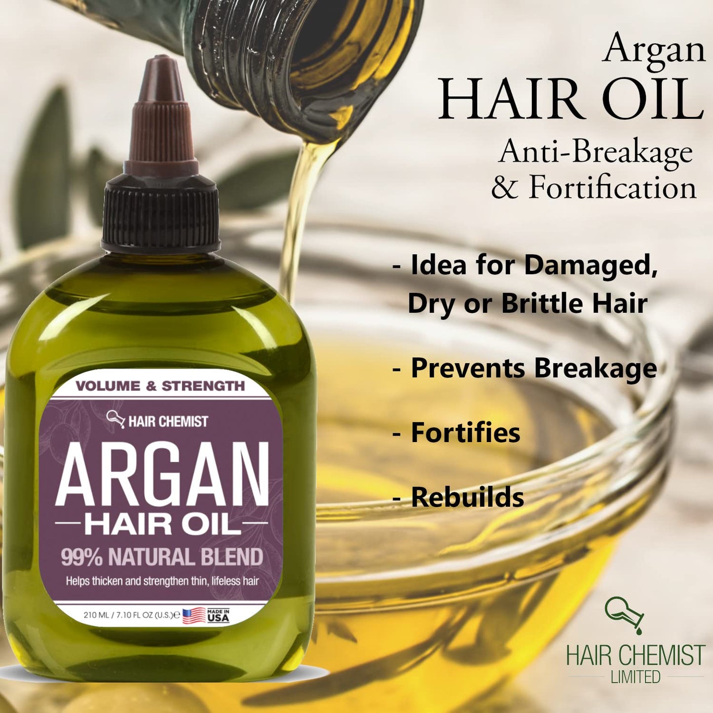 Hair Chemist 99% Natural Volume and Strength Hair Oil - Argan Oil 7.1 oz.
