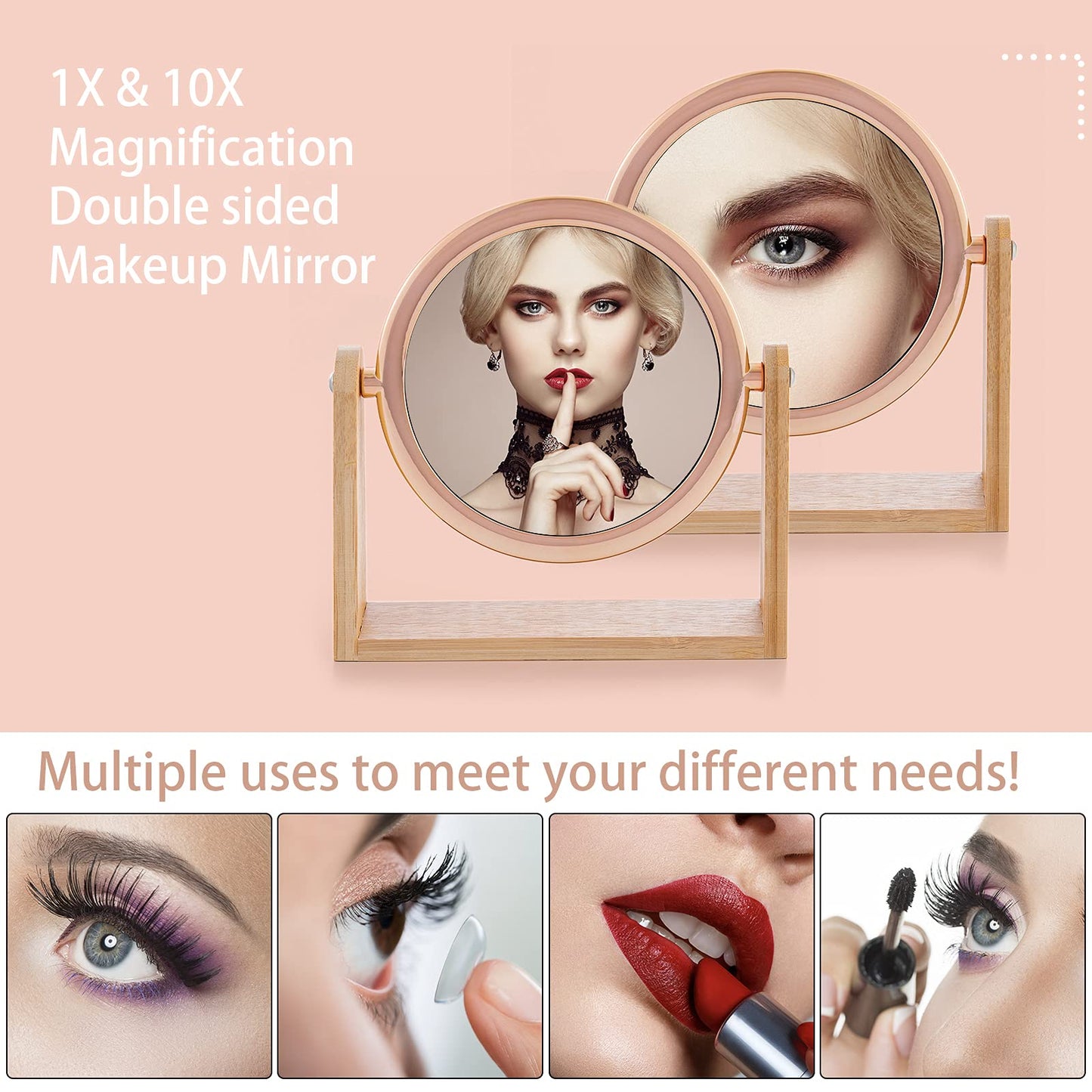 YEAKE Double Sided 10X Magnifying Makeup Mirror with Bamboo Stand,Small Desk Table Mirror with 360° Rotation,Standing Portable Cosmetic Mirror,Good