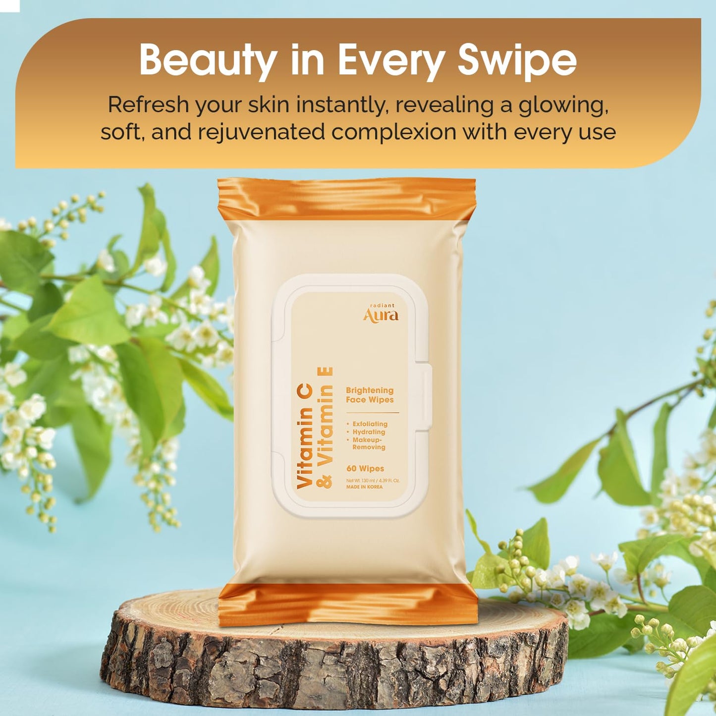 Radiant Aura Vitamin C & Vitamin E Face Wipes - Dermatologist Tested, Anti-Aging, Korean Skin Care - Removes Makeup, Hydrates, Softens The Look