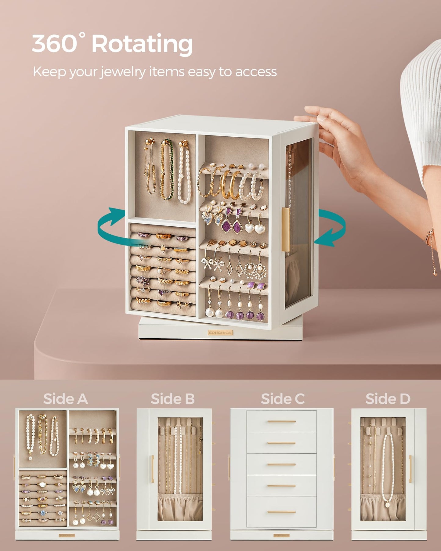 SONGMICS Jewelry Box 360° Rotating, Jewelry Storage Case with 5 Drawers, Jewelry Organizer, Glass Window, Spacious, Vertical Jewelry Storage, Open…