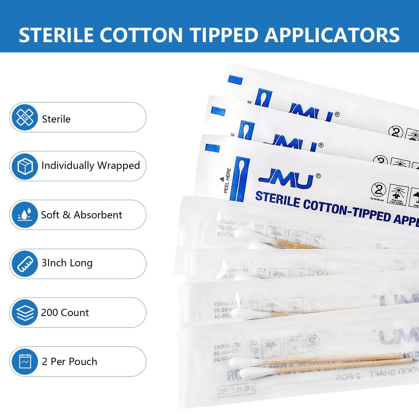 JMU Sterile Cotton Tipped Applicators, 2000 Medical Cotton Swabs Wood Shaft Beauty and Personal Care JMU