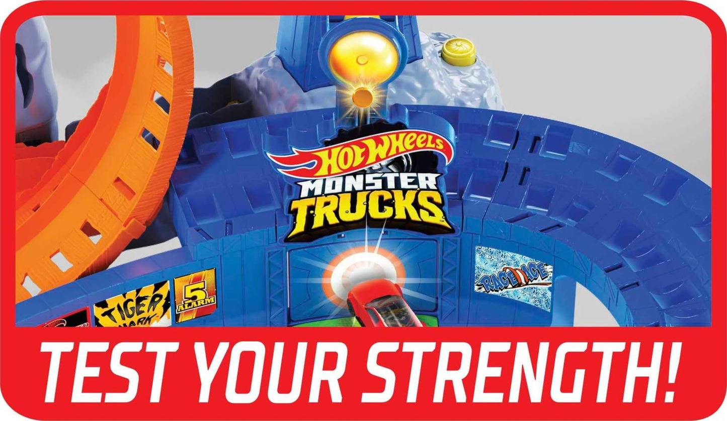 Hot Wheels Monster Trucks T-Rex Volcano Playset with 1:64 Scale Race Ace Toy Truck & 1 Toy Car, Track Set with Dinosaur Nemesis