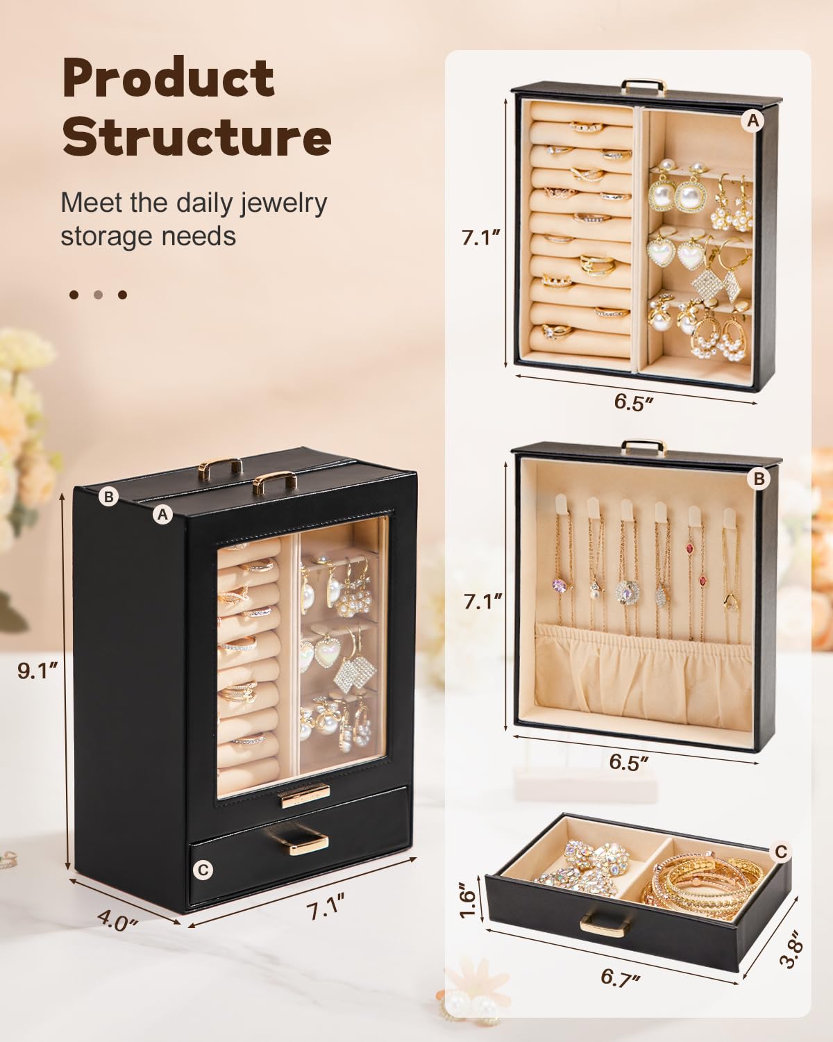 Homde Jewelry Organizer Girls Women Jewelry Box for Necklaces Rings Earrings Gift Bracelets Storage Case (Black + Gold)