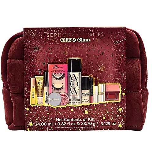 Sephora Glitz & Glam 10 Piece Holiday Gift Set: Makeup, Hair & Skincare Essentials with Red Lipstick, Blush, Powder & Lashes