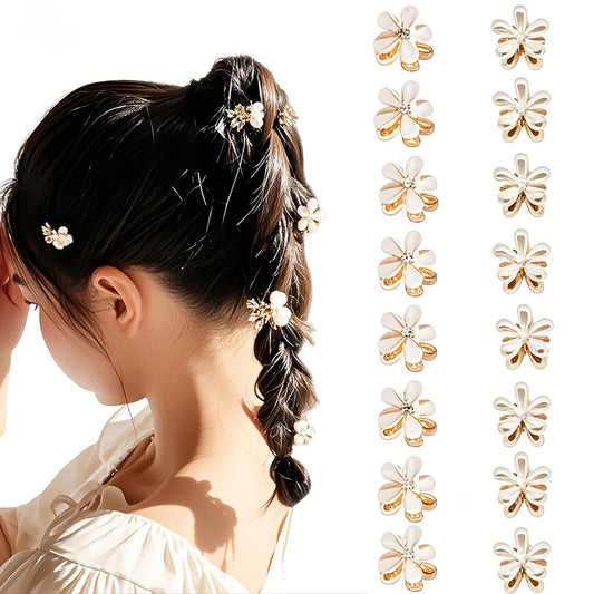 Doromy 16Pcs Small Faux Pearl Hair Claw Clips with Mini Crystal Floral Accents - Sweet Artificial Barrettes for Women and Girls Hair Clips