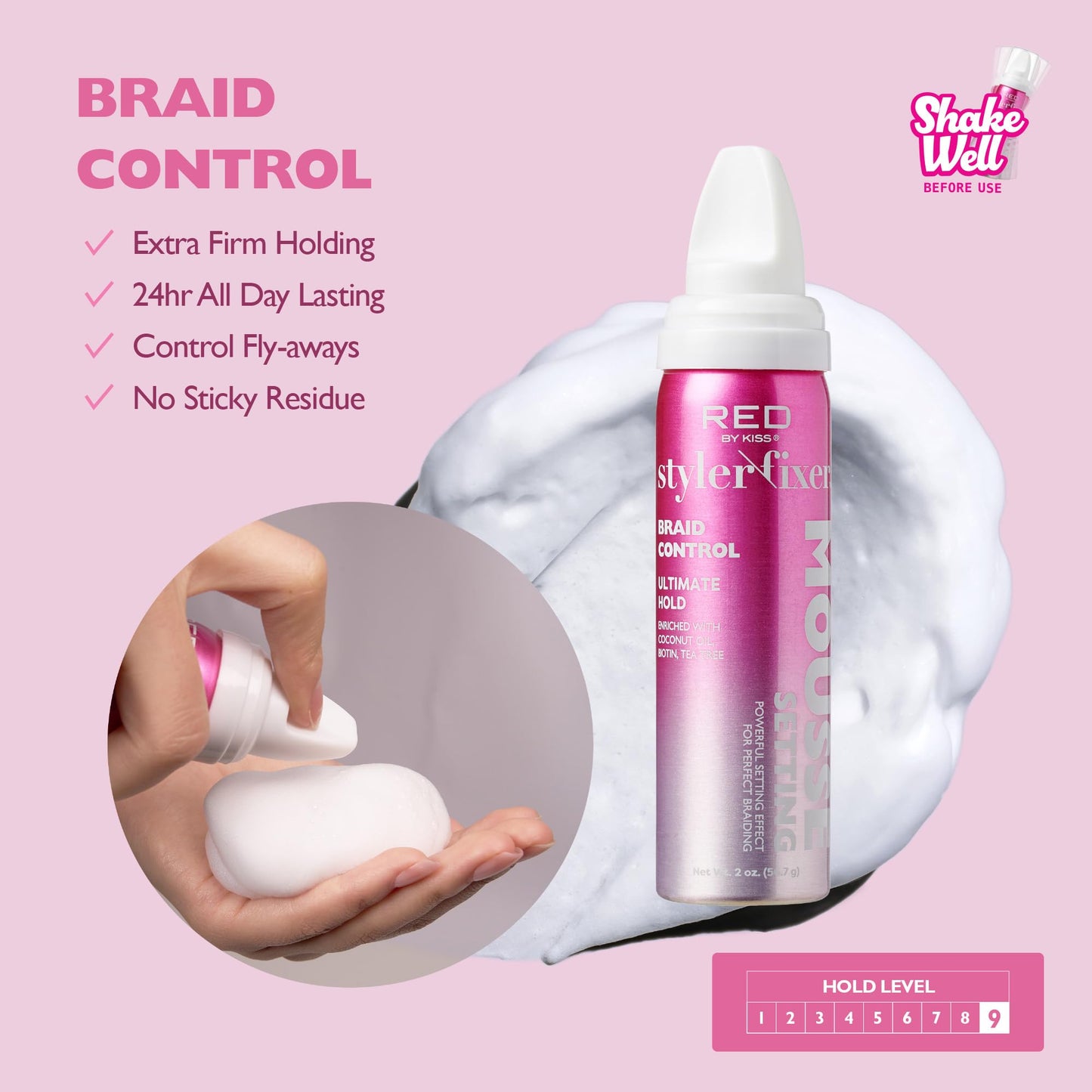 Red by Kiss Setting Mousse Braid Frizz Control, Curl Definition, Shine, Maximize Volume, Ultimate Hold, Long Lasting, Non Sticky Creamy Foam Style
