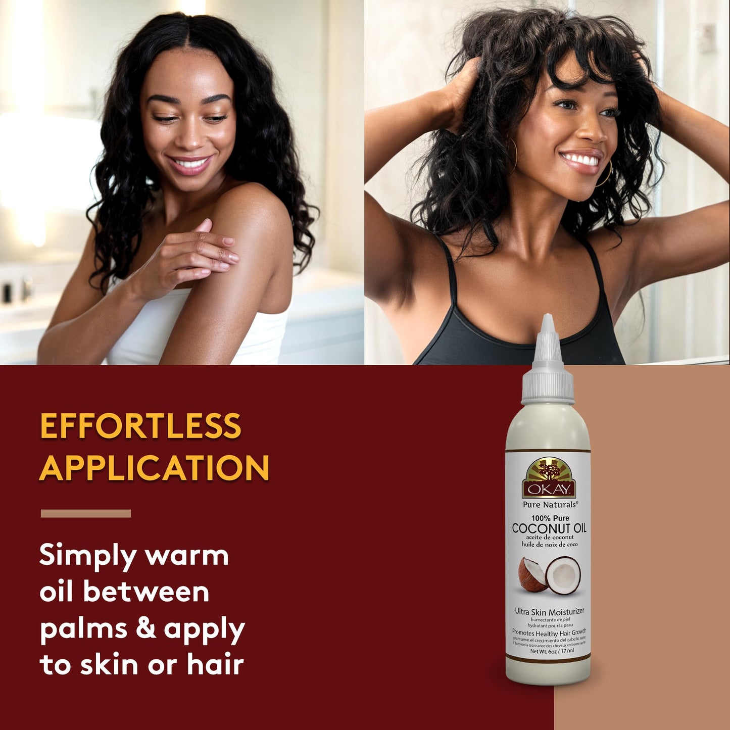 OKAY 100% Pure Coconut Oil for Hair & Skin - Coconut Oil for Women & Men, Perfect for Body & Face, for Massage & Moisturizer, Natural - 6 Fl Oz
