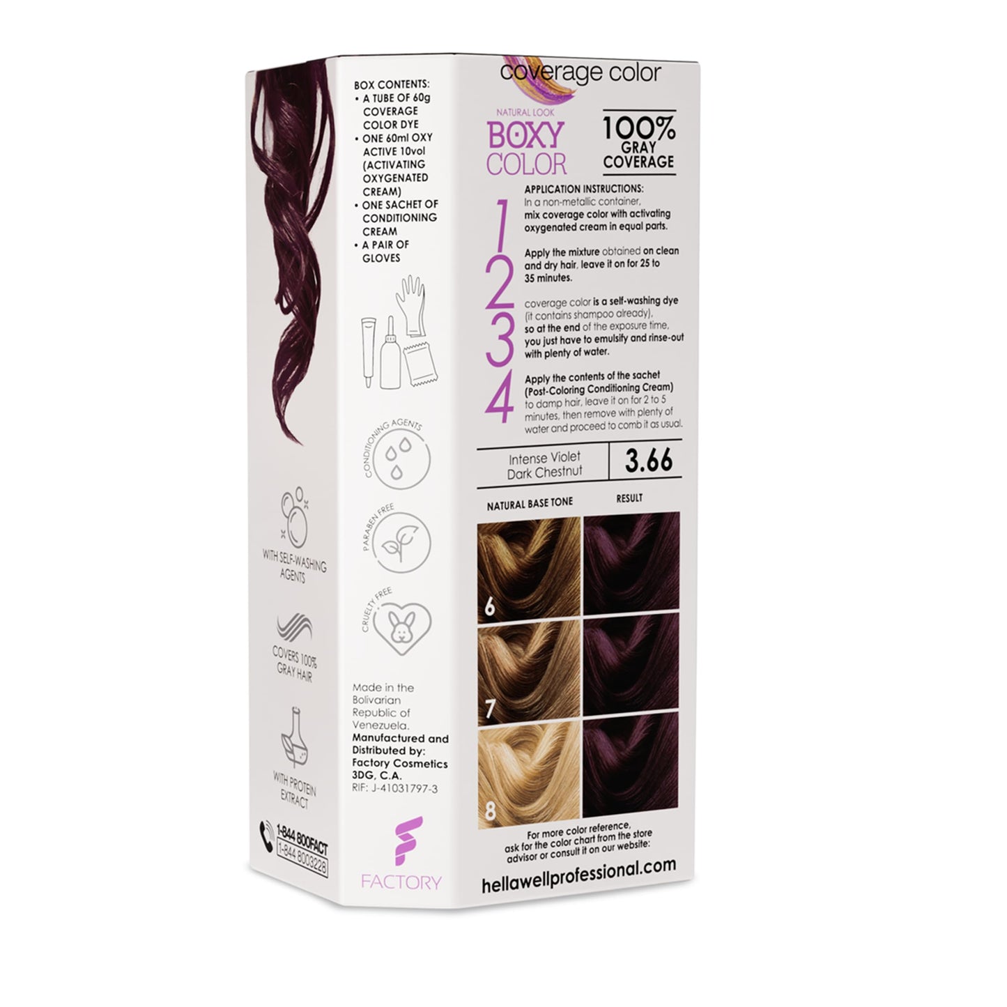 BOXY COLOR Coloring Kit - Professional Permanent Hair Dye with Vegetal Protein for Intense Shiny, Silky Color and 100% Gray Coverage (3.66 Dark Violet