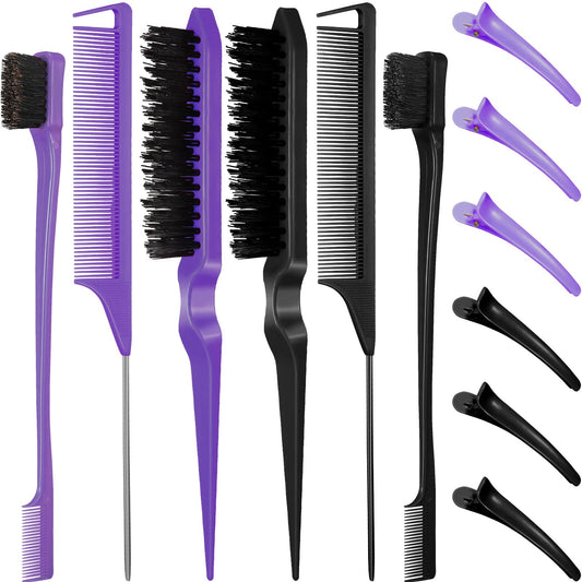 12 Piece Nylon Brushes Set for Grooming - Salon Teasing Brush, Double-Sided Edge Brush, Smooth Comb, Rat Tail Combs with Duckbill Clips for Women